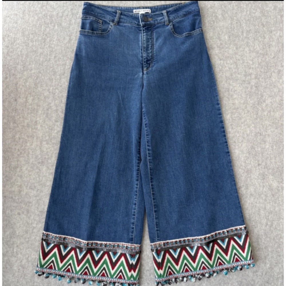 Alice + Olivia Wide Leg Embroidered Hem Jeans Womens 28 Blue Boho Sequin Pom Pom